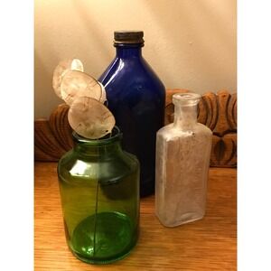 Three Antique Bottles, Milky Cloudy Glass, Vintage Green Cobalt Milk of Magnesia